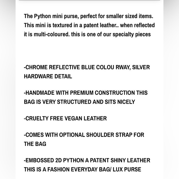 Noir-X, Python mini purse. Blue chrome reflective color way. Silver hardware. - Picture 8 of 8